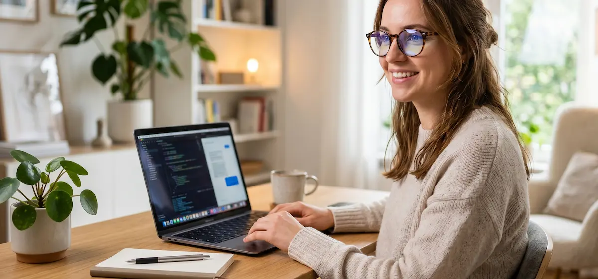 Mujer trabajando frente a la computadora usando lentes con filtro azul
